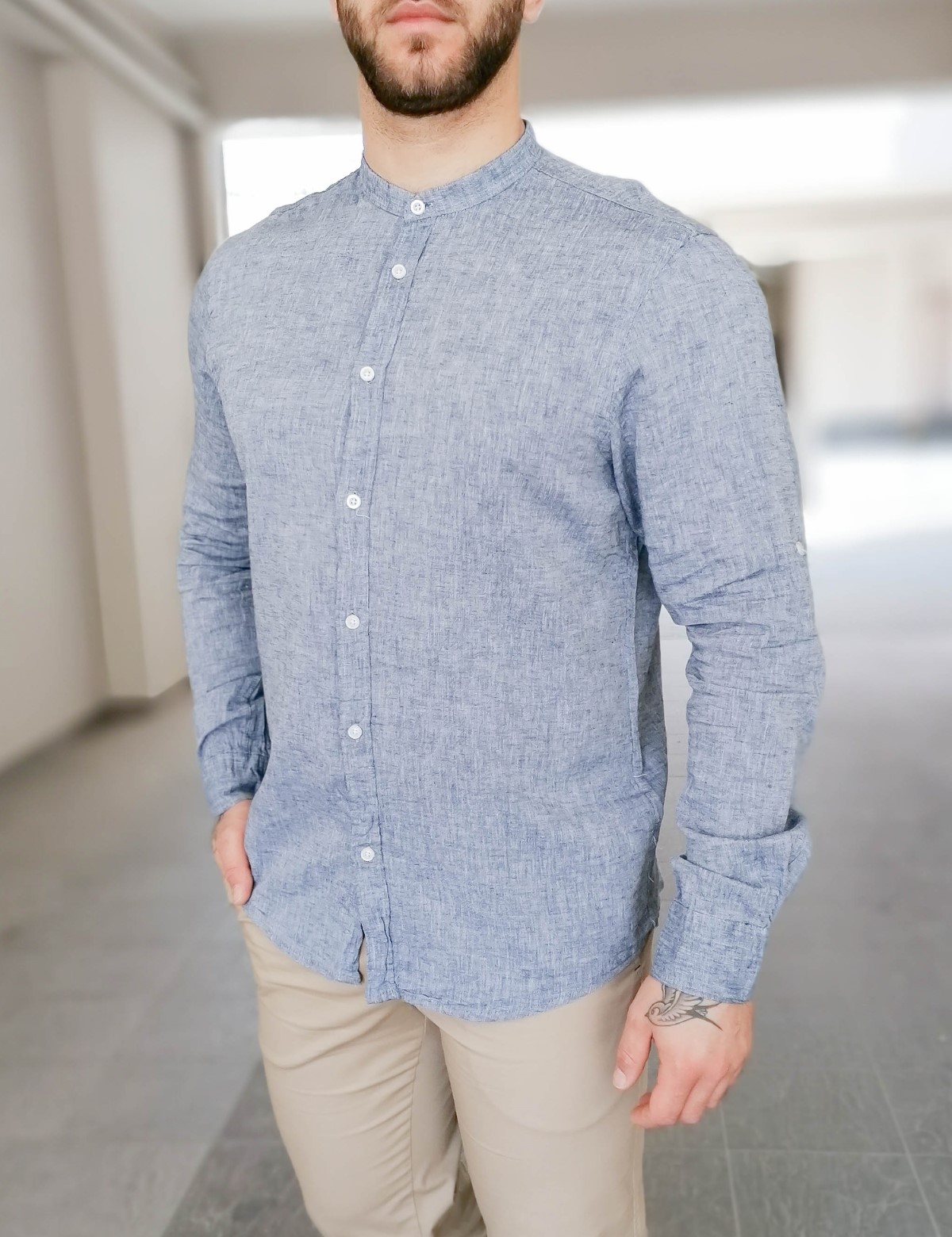 Ανδρικό μπλε λινό πουκάμισο με μάο γιακά 17038B φωτογραφία